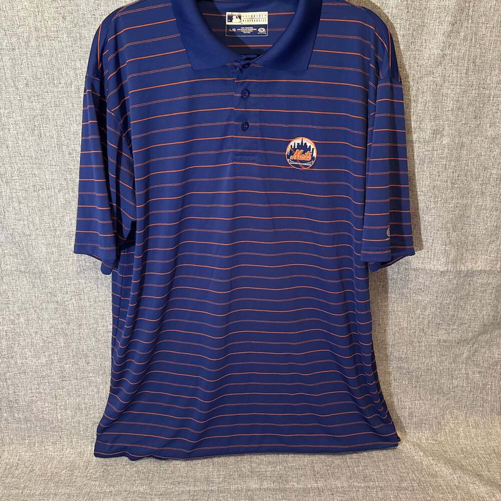 True Fan MLB New York Mets Royal Blue & Orange Striped Polo Shirt Size Large